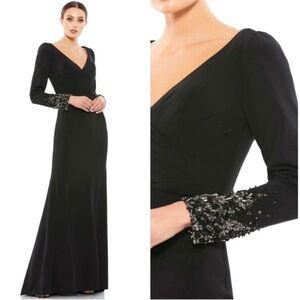 NWT Mac Duggal 55712 Beaded cuffs long sleeve wrap over trumpet gown $398
